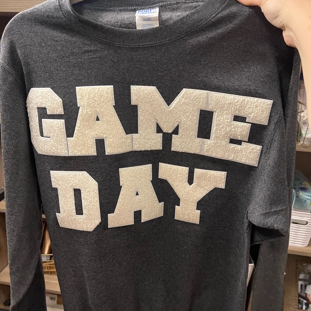Game Day Gray sweatshirt with crème chenille patch